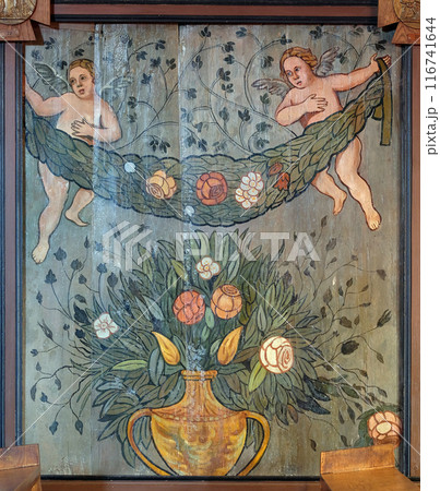 Angels and flowers, altar decoration in the Church of the Saint Barbara in Velika Mlaka, Croatia 116741644