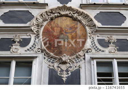 Holy Trinity fresco painting on the house facade in Graz, Styria, Austria 116741655