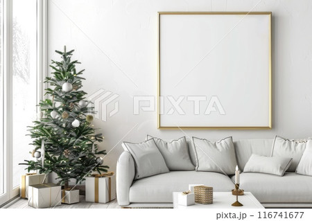 Minimalist Christmas Living Room Interior with Decorated Tree and Blank Frame 116741677