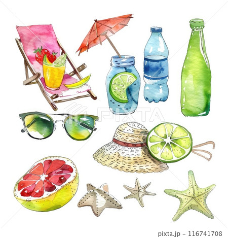 Vibrant Summer Vibes: Watercolor Elements with Tropical Fruits and Beach Accessories 116741708