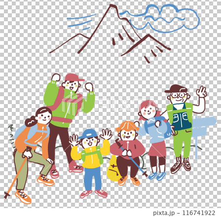 遠景の山脈を望み山頂登頂で集合写真　ストックイラスト素材	 116741922