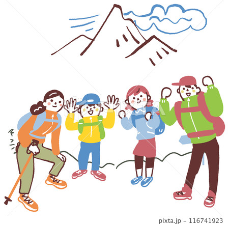 遠景の山脈を望み山頂登頂で集合写真　ストックイラスト素材	 116741923