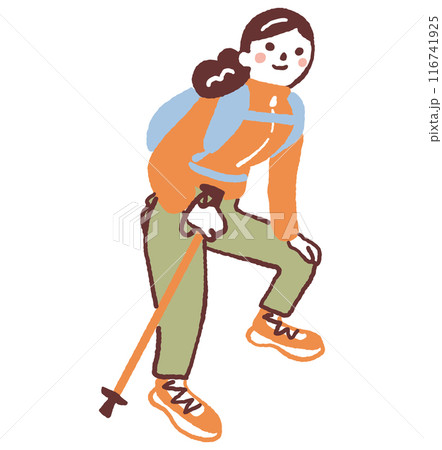 登山姿の若い女性　山ガール　ストックイラスト素材　 116741925