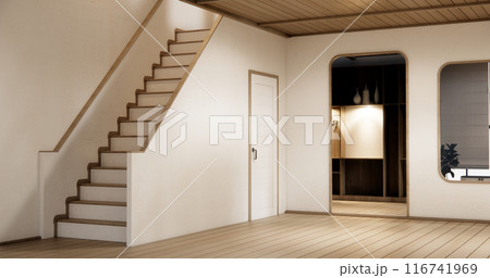 Stairs wooden in modern room with white wall with wood wall design. Stairs wooden in modern room with white wall with wood wall design. 116741969