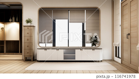 Cabinet on empty room with decoration ,lamp, plants, carpet Cabinet on empty room with decoration ,lamp, plants, carpet 116741978