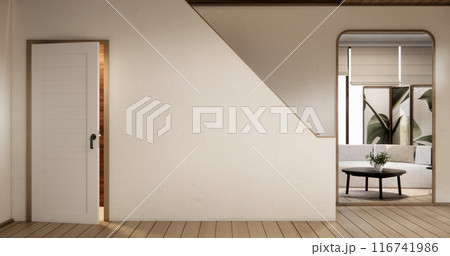 Stairs wooden in modern room with white wall with wood wall design. Stairs wooden in modern room with white wall with wood wall design. 116741986