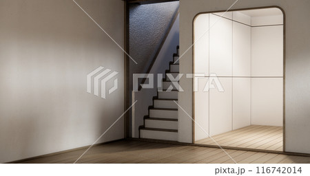 Stairs wooden in modern room with white wall with wood wall design. Stairs wooden in modern room with white wall with wood wall design. 116742014