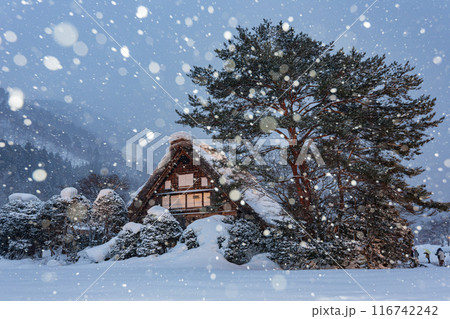 Twilight snowy landscape of the famous Gassho Zukuri Folk Village Twilight snowy landscape of the famous Gassho Zukuri Folk Village 116742242