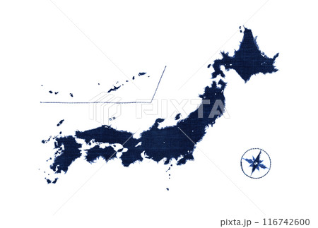年代モノの藍染め古布で描いた、紺藍色の日本地図 116742600