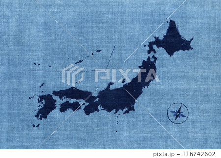 年代モノの藍染め古布で描いた、浅葱・紺藍色の日本地図 年代モノの藍染め古布で描いた、浅葱・紺藍色の日本地図 116742602