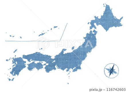 年代モノの藍染め古布で描いた、浅葱色の日本地図 116742603