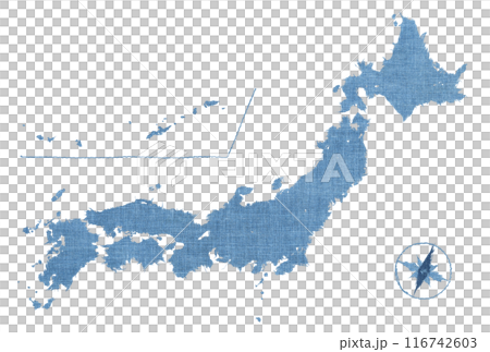 年代モノの藍染め古布で描いた、浅葱色の日本地図 116742603