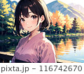 湖のほとりで座る浴衣の女の子 116742670