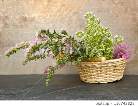 Fresh aromatic herbs in a basket on the stone. 116742828