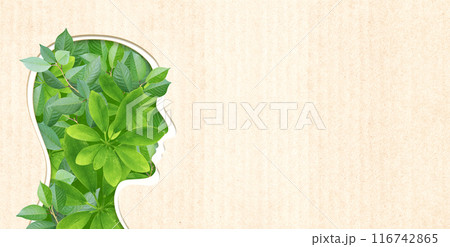 Green leaves and human head in paper cut style. Horizontal banner with eco paper texture. Paper cardboard background. Recycled carton material. Ecology and zero waste concept. Copy space for text Green leaves and human head in paper cut style. Horizontal banner with eco paper texture. Paper cardboard background. Recycled carton material. Ecology and zero waste concept. Copy space for text 116742865