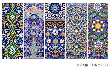 Set of vertical banners with detail of ancient mosaic walls with floral and geometric ornaments. Collection of backgrounds with traditional iranian tile decorations 116742874
