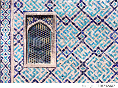 Window with tile decor on wall of Sher-dor Madrassah (Sher Dor (Lion) Medressa), Registan complex, Samarkand, Uzbekistan Window with tile decor on wall of Sher-dor Madrassah (Sher Dor (Lion) Medressa), Registan complex, Samarkand, Uzbekistan 116742887