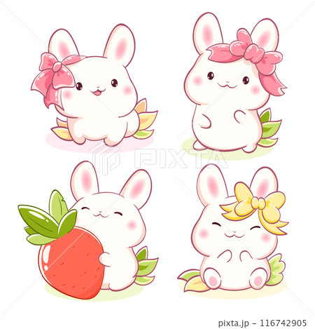 Set of little bunny in kawaii style. Tiny baby rabbits in multiple poses. Cute rabbit expression sheet collection. Can be used for t-shirt print, sticker, greeting card. Vector EPS8 116742905