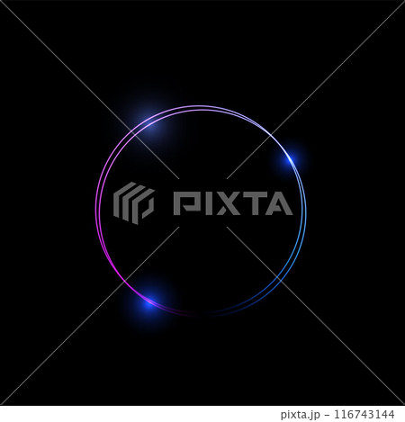 Neon gradient line dual circle frame with spark lights, vector glowing energy round border, realistic ring light effect 116743144
