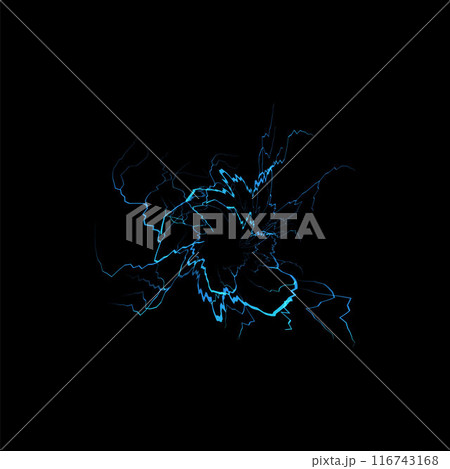 Magic circle of thunderbolt blue bolt lightning effect, vector realistic electricity blast with light rays plasma sphere 116743168