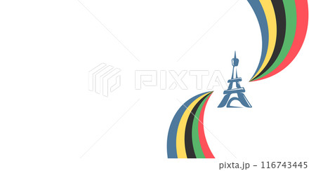 Colored Olympic Games France 2024 abstract curved rainbow wave with eiffel tower logo isolated on white baclground. Colorful Olympic Games france 2024 banner, corner and poster design template 116743445