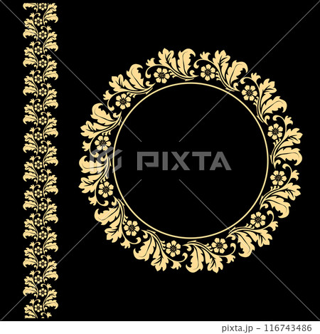 Decorative frame Elegant vector element for design in Eastern style, place for text. Floral black and golden border. Lace illustration for invitations and greeting cards 116743486