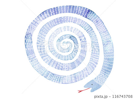 手描き水彩：とぐろを巻いた可愛いへびの絵　水色と紫色＿白い模様うろこ 116743708