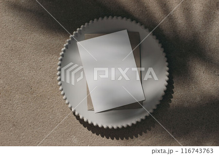 Blank greeting card invitation mockup, envelope on white plate. Beige limestone backgound, palm leaf shadow overlay. Modern template, branding identity. Tropical summer, vacation. Flat lay, top view. 116743763