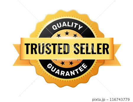 Trusted seller gold medal or emblem, reliable vendor badge, dependable distributor emblem, vector 116743779