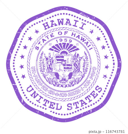 Hawaii state stamp with seal, USA travel stamp, shabby postmark of Hawaii, vector 116743781