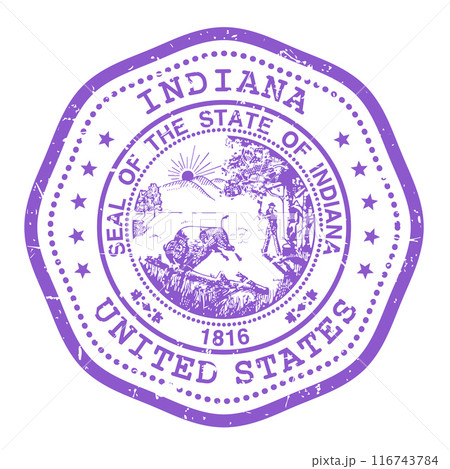 Indiana state stamp with seal, USA travel stamp, shabby postmark of Indiana, vector 116743784