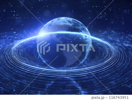 CG素材 青い地球と多数の輪になるパーティクルのイメージ素材 CG素材 青い地球と多数の輪になるパーティクルのイメージ素材 116743951