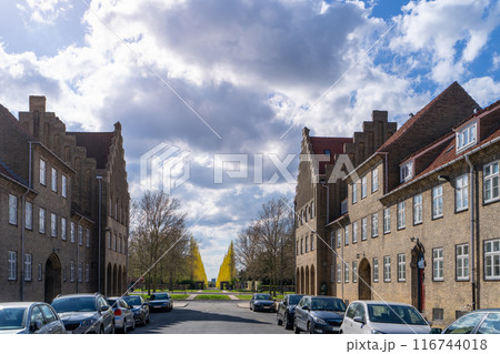 Street Near Grundtvig Church with Park and Cars, Copenhagen, Denmark. Street Near Grundtvig Church with Park and Cars, Copenhagen, Denmark. 116744018