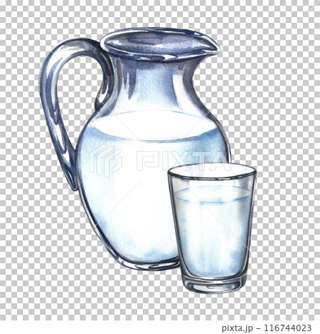 A glass jug and a glass of milk. A hand-drawn watercolor illustration. Isolate it. For advertising banners and flyers about milk, packaging with labels of dairy products. For menus and recipes. A glass jug and a glass of milk. A hand-drawn watercolor illustration. Isolate it. For advertising banners and flyers about milk, packaging with labels of dairy products. For menus and recipes. 116744023