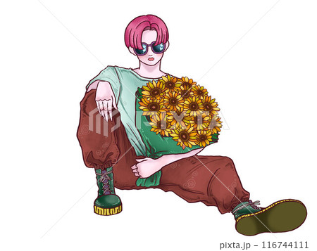 向日葵の花束を持った男の子　白背景 116744111