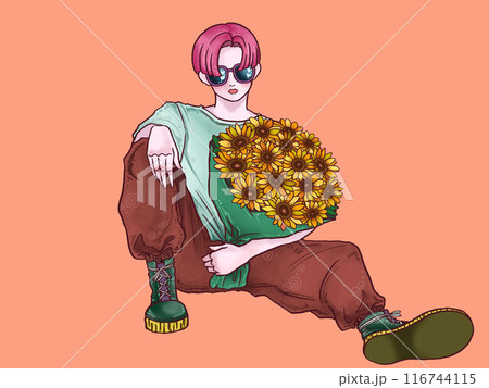 向日葵の花束を持った男の子 朱色背景 向日葵の花束を持った男の子 朱色背景 116744115