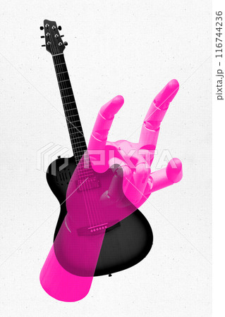 Contemporary art collage. Pink robotic hand overlaid on black and white guitar against white background. Fusion of music styles. Surreal artwork. Contemporary art collage. Pink robotic hand overlaid on black and white guitar against white background. Fusion of music styles. Surreal artwork. 116744236