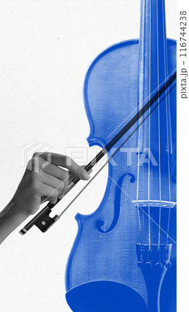 Contemporary art collage. Black and white hand playing blue colored violin against white background. Surreal artwork. 116744238