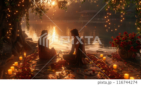 A magical garden setting where a couple sitting together amidst blooming flowers, fairy lights, and a tranquil pond A magical garden setting where a couple sitting together amidst blooming flowers, fairy lights, and a tranquil pond 116744274