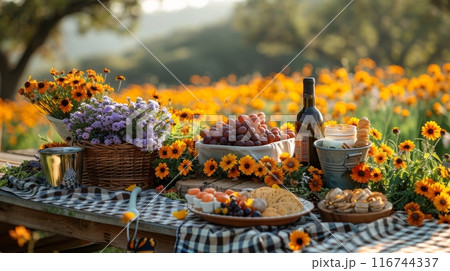 A sunny picnic scene in a picturesque meadow, a basket of delicious food, and butterflies fluttering around 116744337