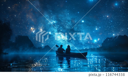 A couple in a boat gliding across a lake under a starry sky, surrounded by dense forest and shimmering water 116744338
