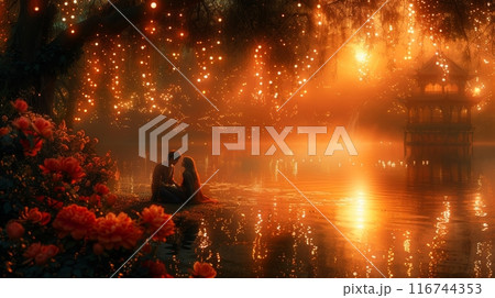 A magical garden setting where a couple sitting together amidst blooming flowers, fairy lights, and a tranquil pond 116744353
