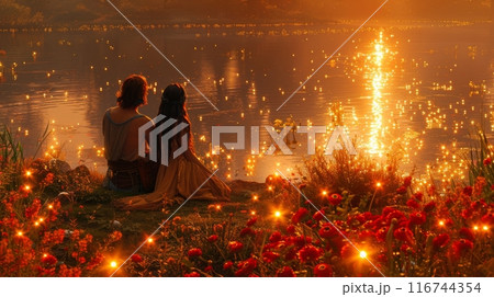 A magical garden setting where a couple sitting together amidst blooming flowers, fairy lights, and a tranquil pond A magical garden setting where a couple sitting together amidst blooming flowers, fairy lights, and a tranquil pond 116744354