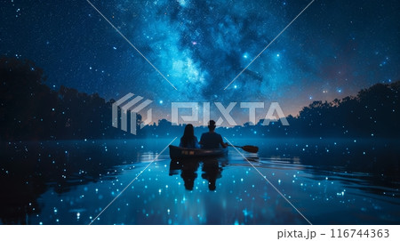 A couple in a boat gliding across a lake under a starry sky, surrounded by dense forest and shimmering water A couple in a boat gliding across a lake under a starry sky, surrounded by dense forest and shimmering water 116744363