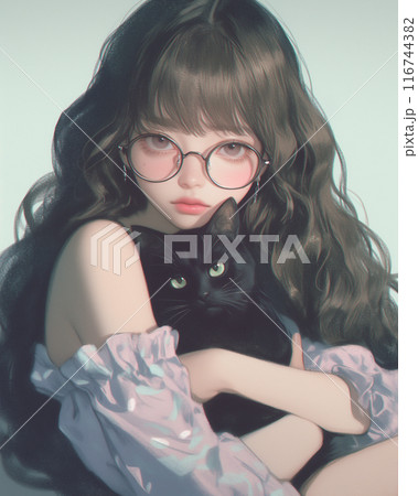 黒猫を抱く眼鏡をかけた若い日本人女性のポートレート 116744382