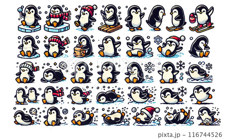 さまざまな冬のアクティビティに興じる遊び心のあるペンギン 116744526