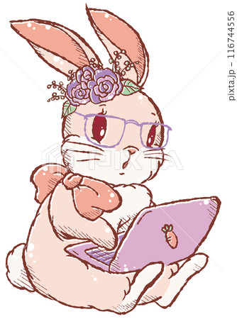 座ってパソコンを打つ眼鏡をかけた可愛いうさぎのイラストアイコン／花付き影なし 116744556