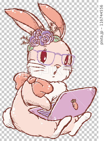座ってパソコンを打つ眼鏡をかけた可愛いうさぎのイラストアイコン／花付き影なし 116744556