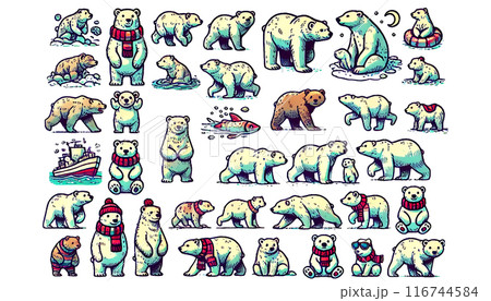 さまざまなポーズのシロクマのイラストコレクション 116744584