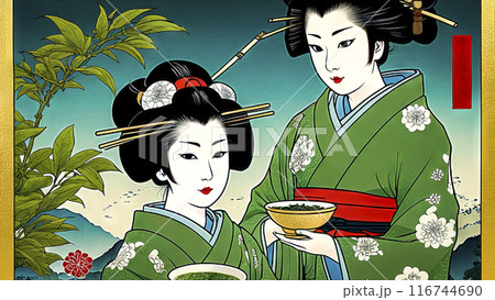 beautiful geisha picking traditional green tea, Chinese and Japanese 116744690